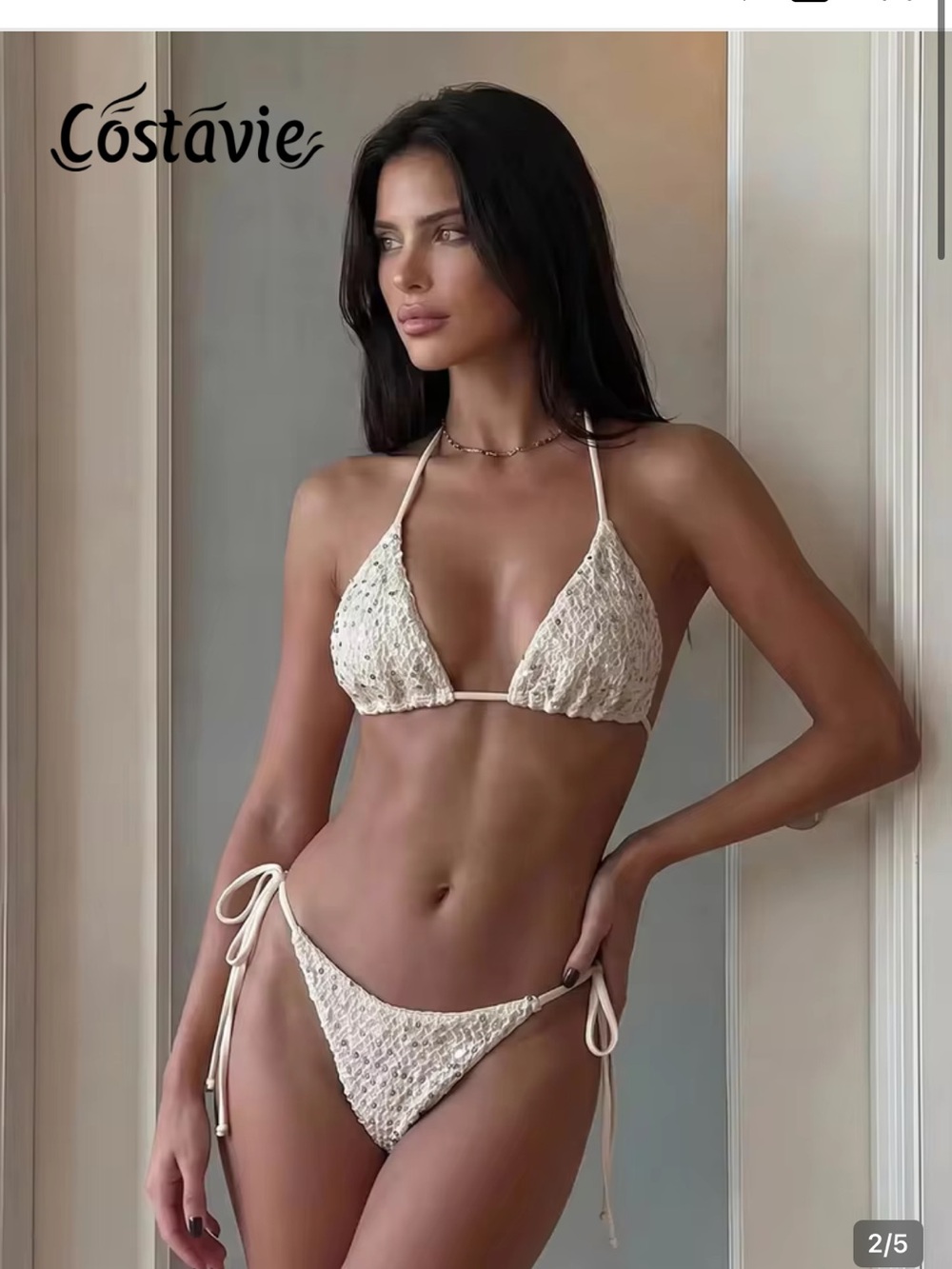 SHEIN Cream Crochet Tie-Side Triangle Bikini